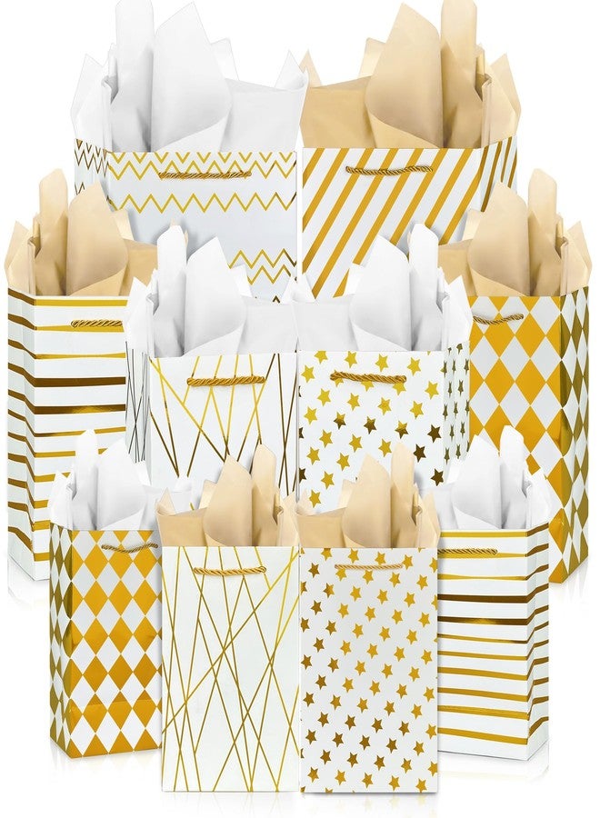 KEEPARTY Assorted Sizes Gold Foil Gift Bags with Tissue Paper Suitable for Many Occasions Set of 10 with 6 Design Styles 4 Small 4 Medium and 2 Large Gift Bags - Image 1